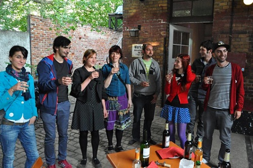 Toast with Georgian artists Maia Abashidze, Giorgi Dadiani and Giorgi Mozgovoi together with gallery manager Franziska Eissner and project curator Elena Pagel at gallery KUB in Leipzig/Germany.